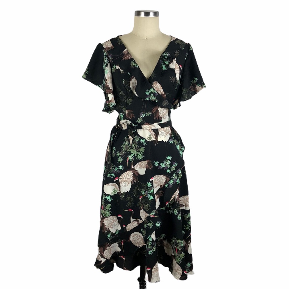 UNIQUE VINTAGE Black Crane Print Luella Wrap Dress
